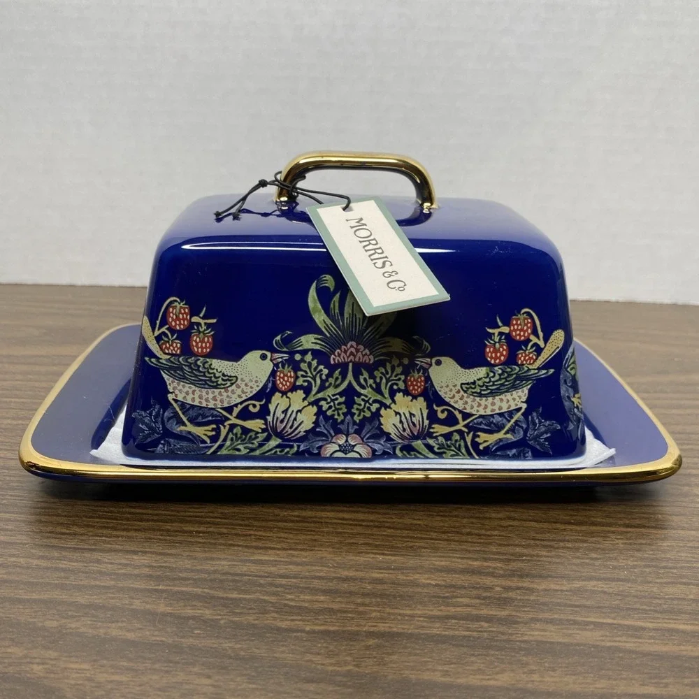NWT William Morris & Co Strawberry Thief Butter Dish Blue with Gold Trim